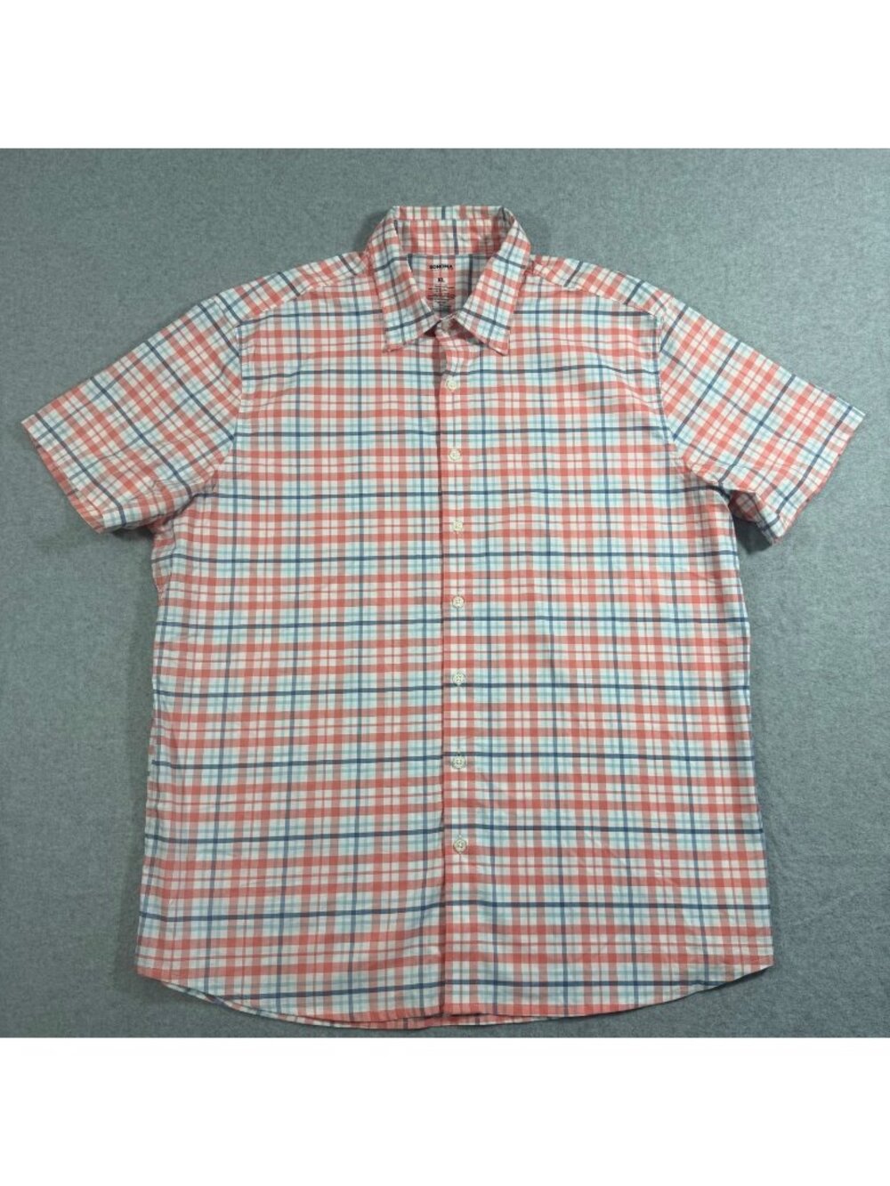 Sonoma Men’s XL Pink Blue Plaid Short Sleeve Button Front Shirt Stretch Cotton